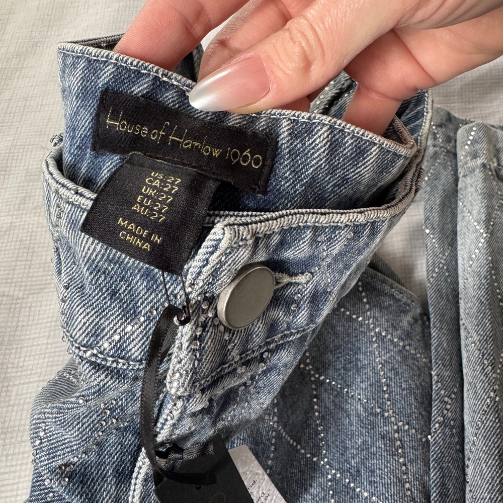 NEW House of Harlow Rhinestone Wide Leg Jeans | Size 4 (27) | light blue - Picture 11 of 13